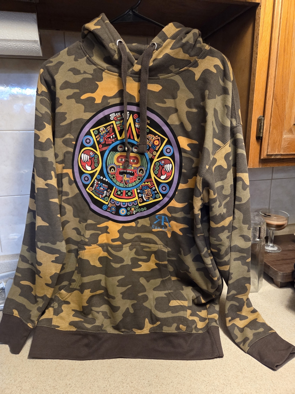 Men's Olive Camo Pullover Hoodie with Colorful Medallion Graphic